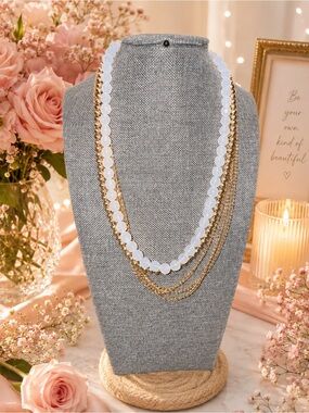 Layered White Bead and Gold-tone Chains Necklace - Women Fashion Jewelry NWOT